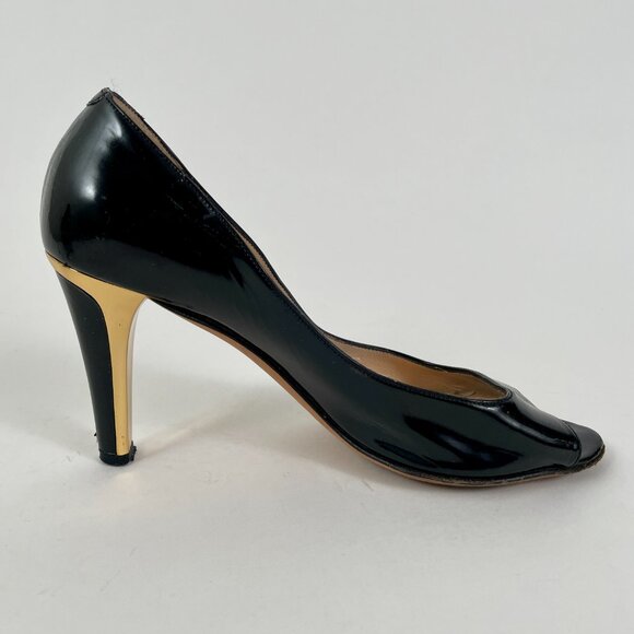 Jimmy Choo Black Patent Leather Peeptoe Pumps With Gold Detail, Size 37 (7) - Picture 3 of 11